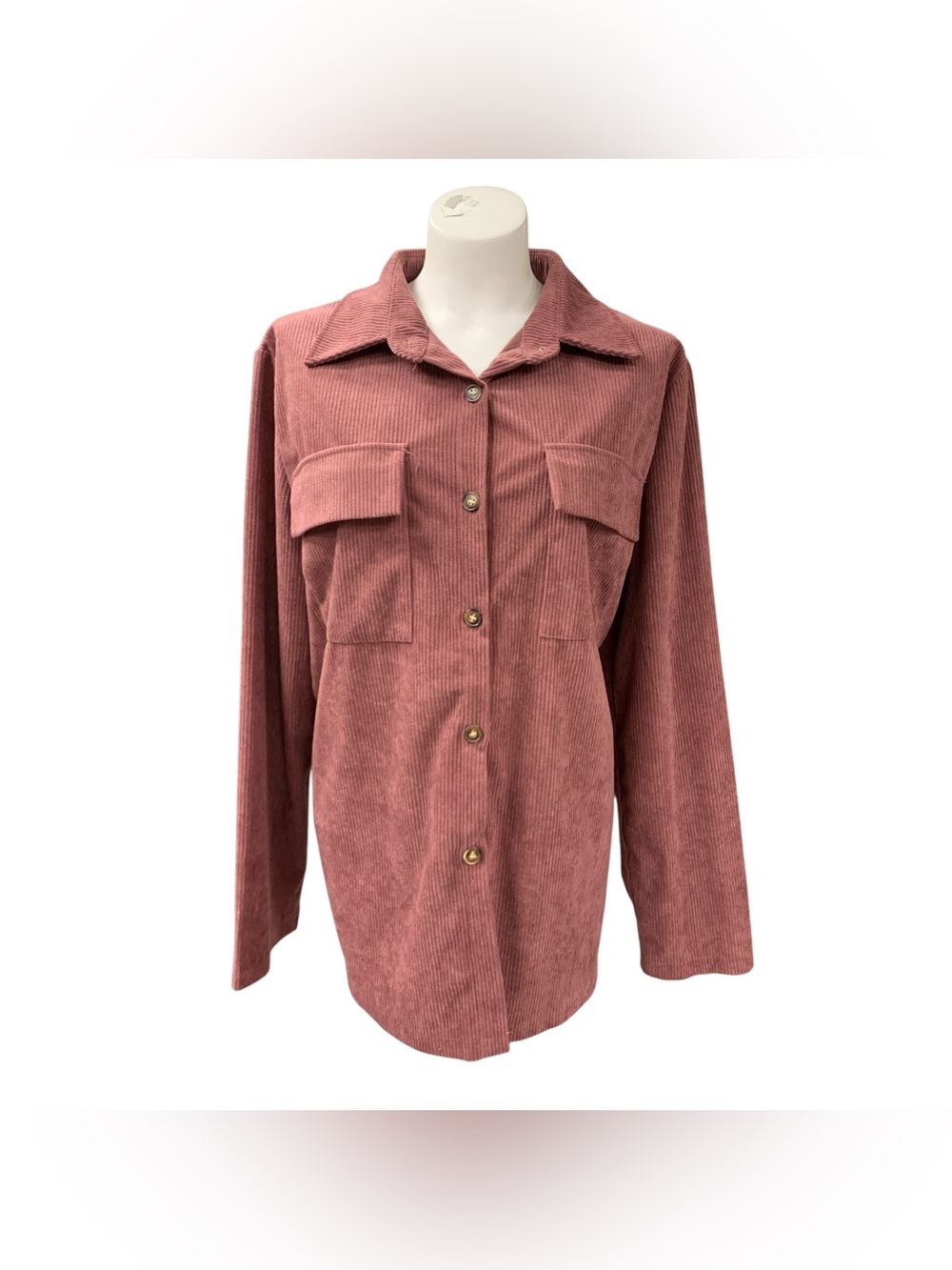 Corduroy Button-Front Shirt Jacket in Dusty Rose Size XL